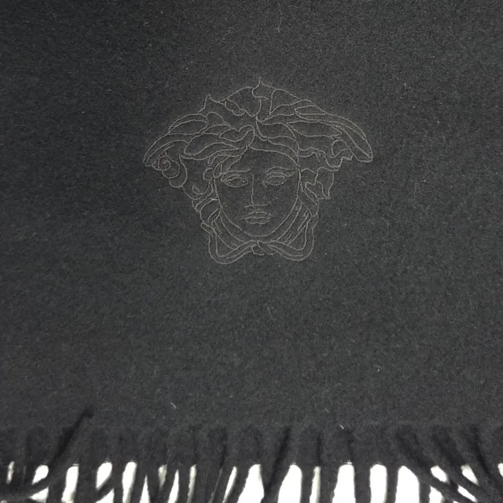 Versace Wool Medusa Logo Embroidered Fringe Scarf